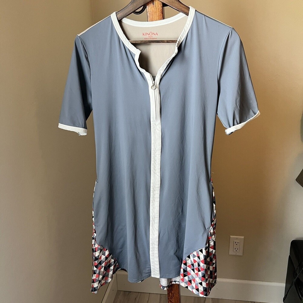 Kinona Women's Medium Day to Night Dress Golf Gray Check Zip Pockets Sleeveless